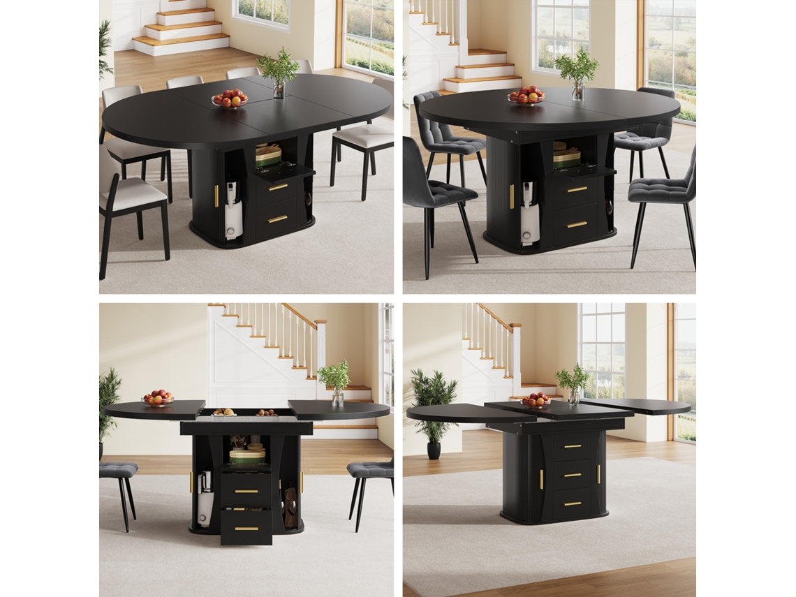 Mesa De Comedor Extensible Redonda A Ovalada 118-158 Cm, Hasta 6 Personas, 3 Niveles De Almacenaje, Negra