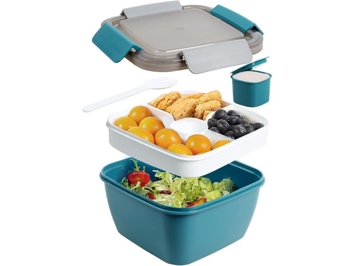 Recipiente Para Ensalada De 1,5 L Con 3 Compartimentos, Acero Inoxidable, Tapa De Silicona, Cuchara Reutilizable (azul Oscuro)