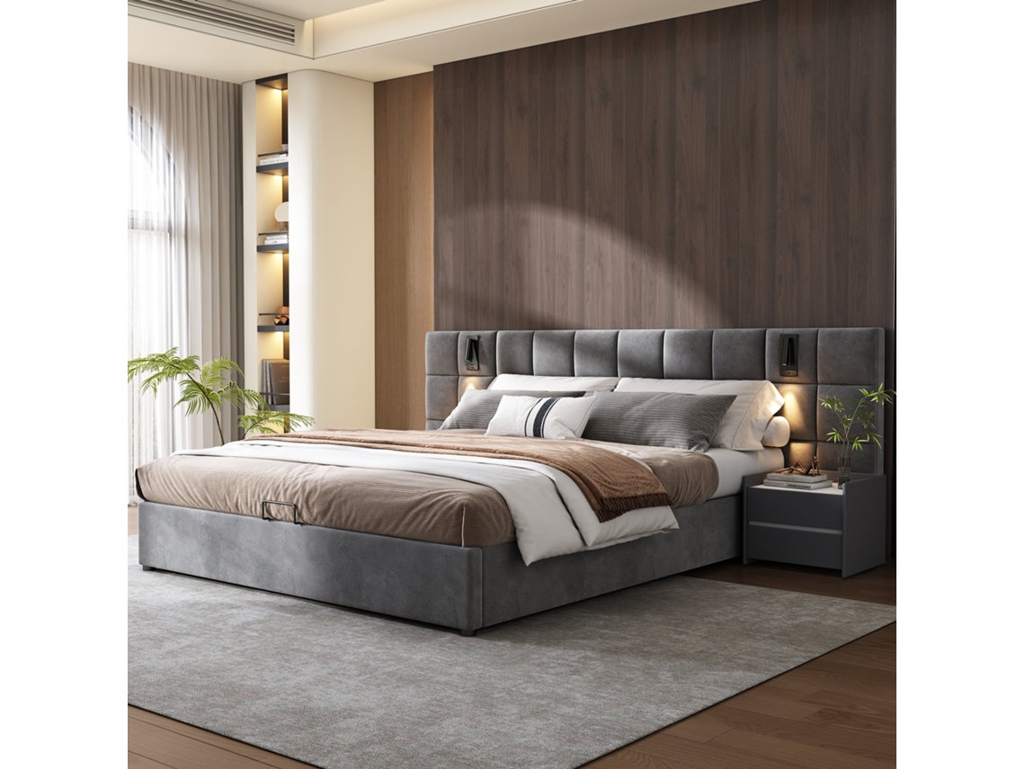 Cama Tapizada De 180x200 Con Elevador Hidráulico, Puerto Usb Y Puerto De Lectura, Terciopelo A Cuadros, Color Gris.