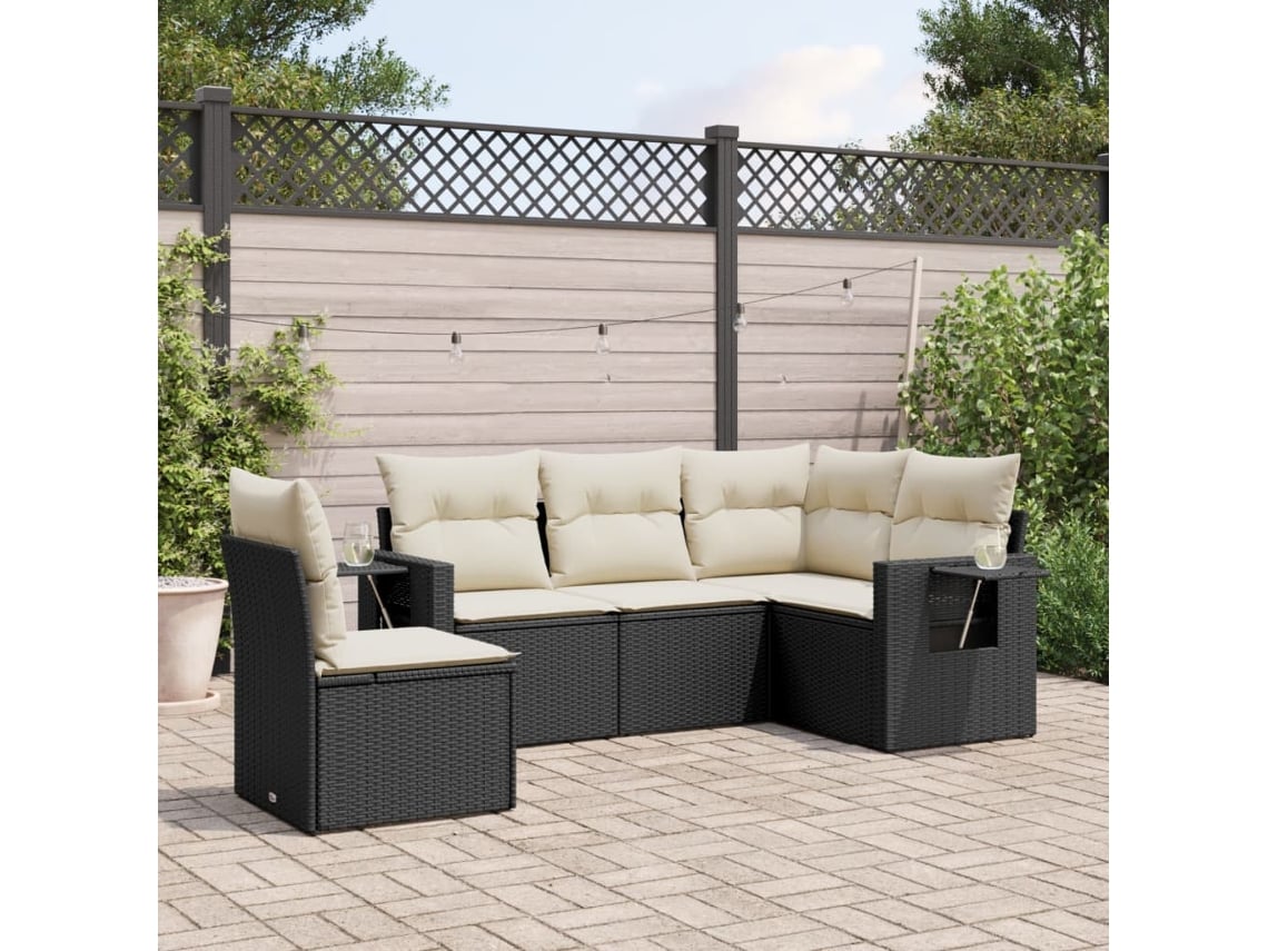 Conjunto de sofá de jardín de 5 piezas con cojines de mimbre sintético negro, Dkd Home Decor