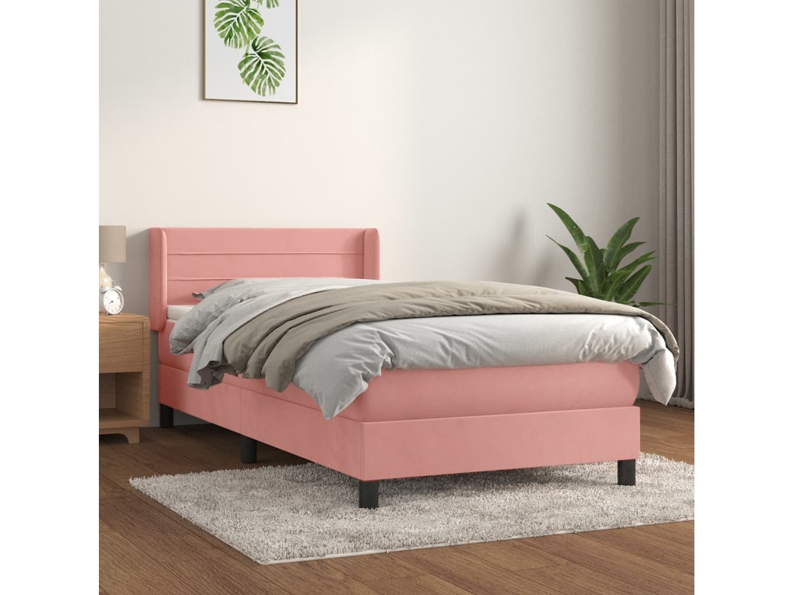 Cama Box Spring Con Colchón Terciopelo Rosa 90x200 Cm