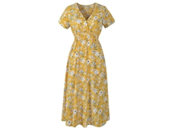 Vestido midi de gasa estilo bohemio para verano 2026 con estampado floral y lunares cuadrados, escote en V, mangas cortas, cintura alta, ropa de playa.