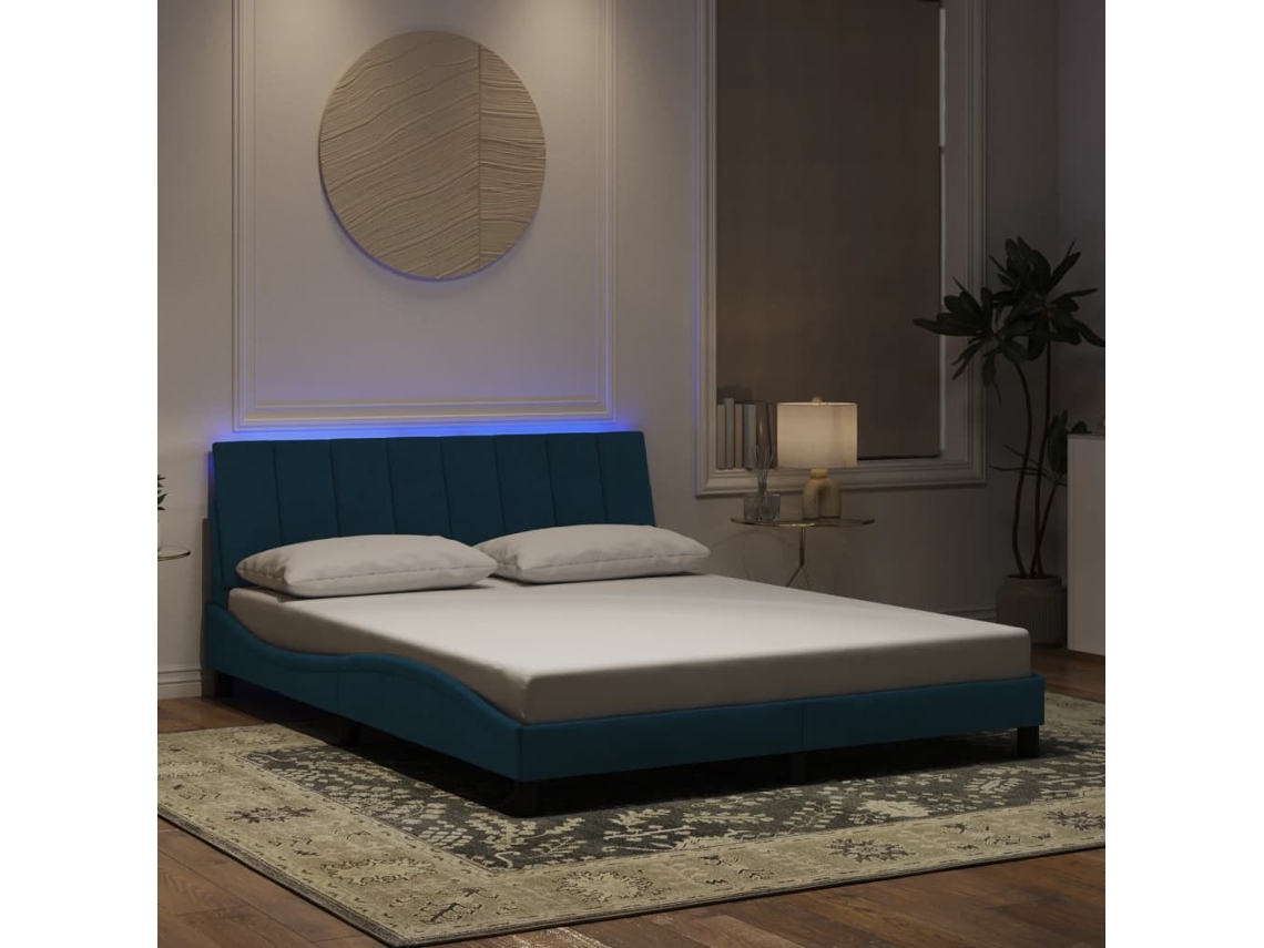 Estructura De Cama Con Luces Led Terciopelo Azul 160x200 Cm