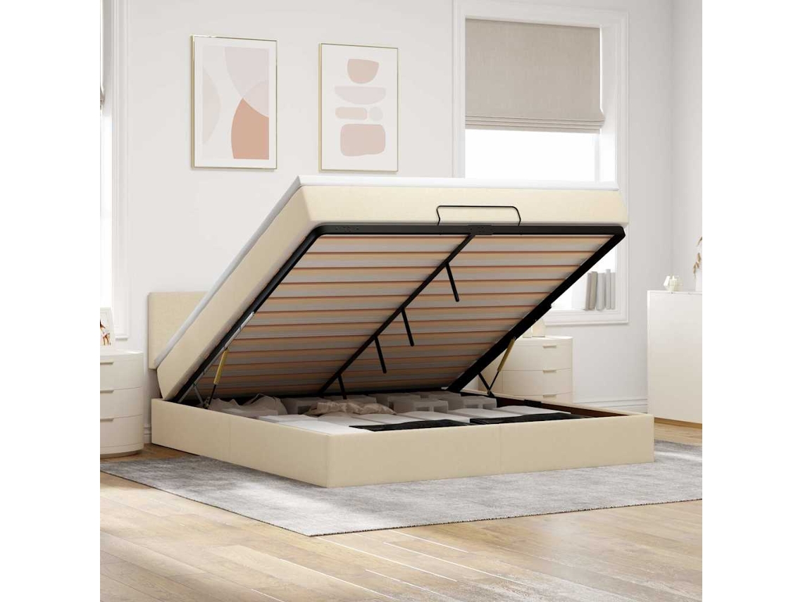 Estructura De Cama Otomana Con Colchón Tela Crema 160x200cm