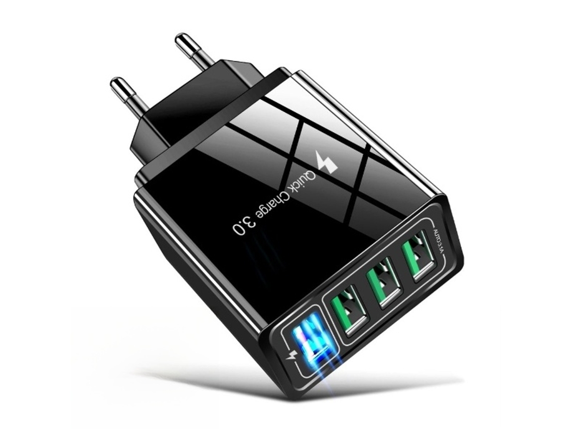 Cargador rápido de 5 V/3,1 A, 4 puertos USB, QC 3.0, color negro