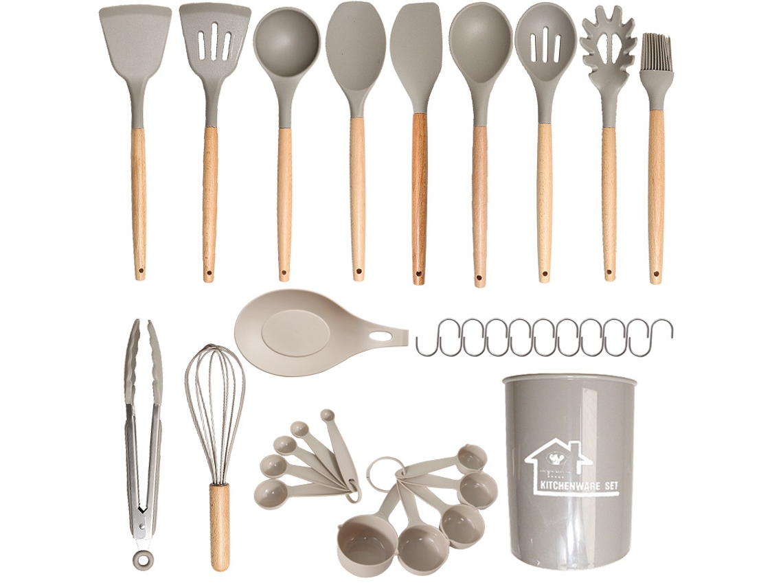 Juego de utensilios de cocina de silicona antiadherente Cuich, resistente a altas temperaturas y con mango antiescaldaduras (caqui)