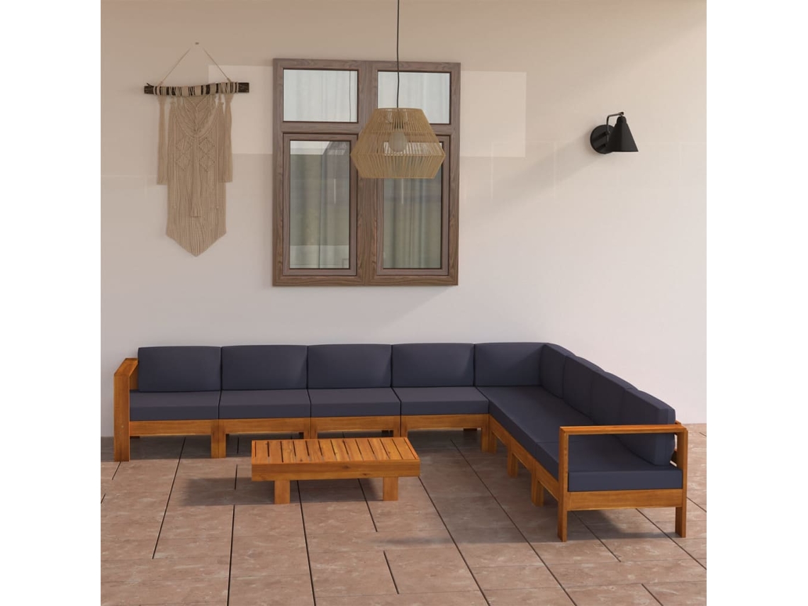 9 unidades Conjunto. Lounge De Jardim C/ Almofadões Cinza Escuro Acácia Dkd Decoración Del Hogar