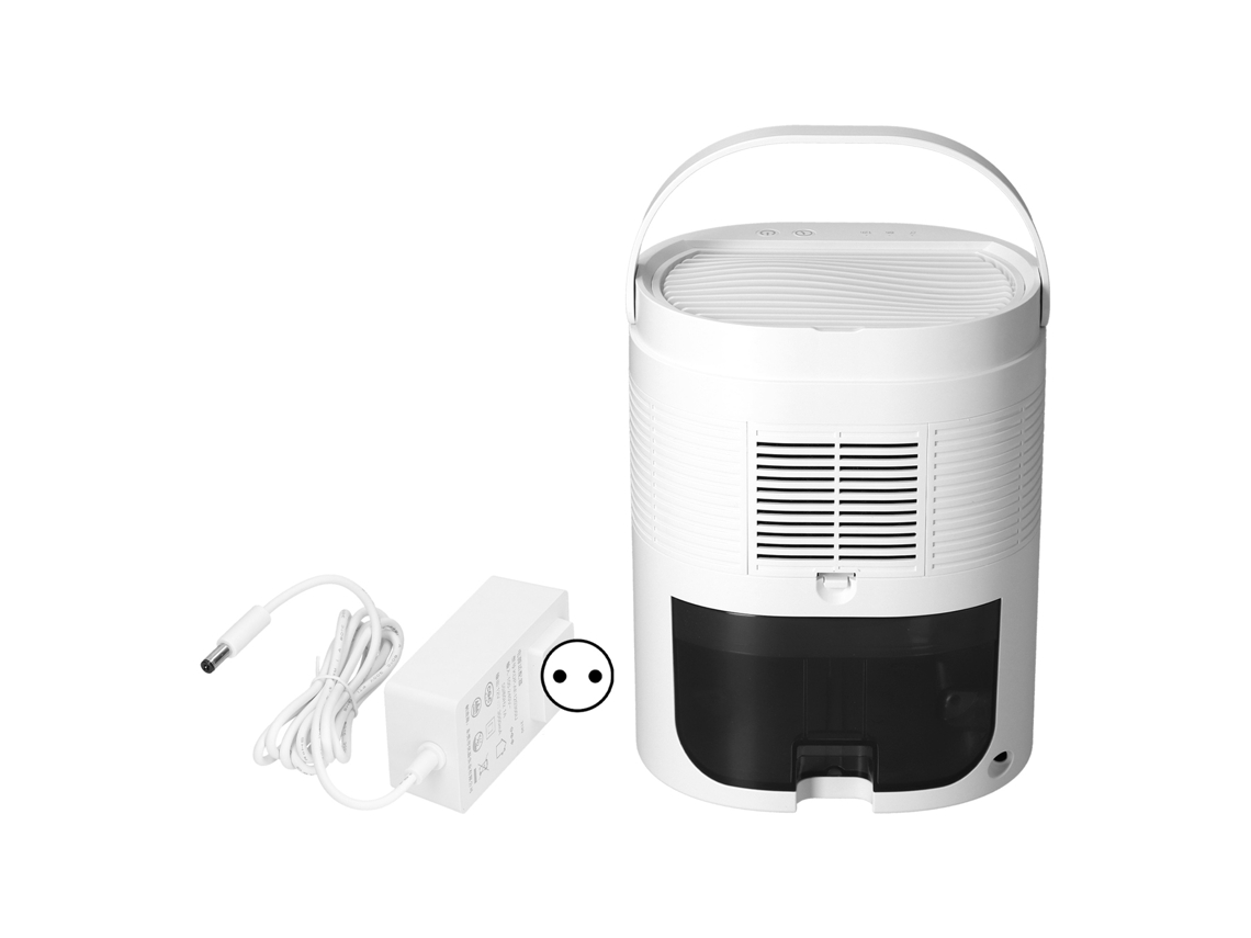 Deshumidificador portátil blanco de 1 l con temporizador, mini deshumidificador con asa oculta, 100-240 V