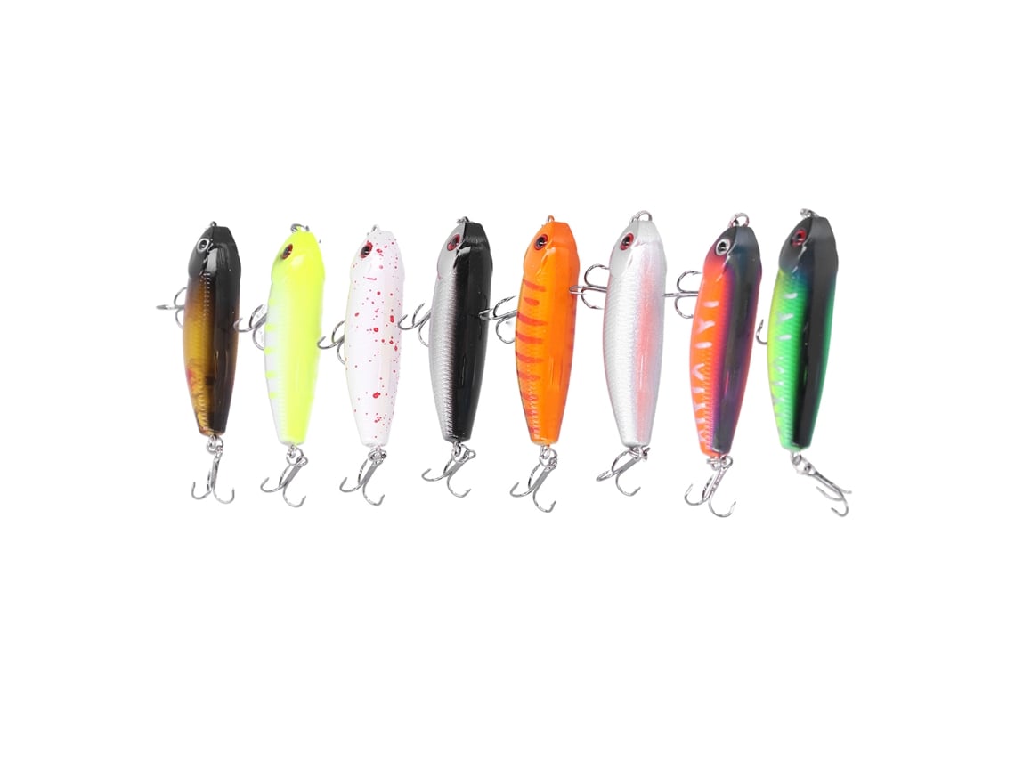 Danu26-8pcs Señuelos De Pesca Bait Pencil Flotante Con Ojos 3d Y Anzuelo Triple Wobbler
