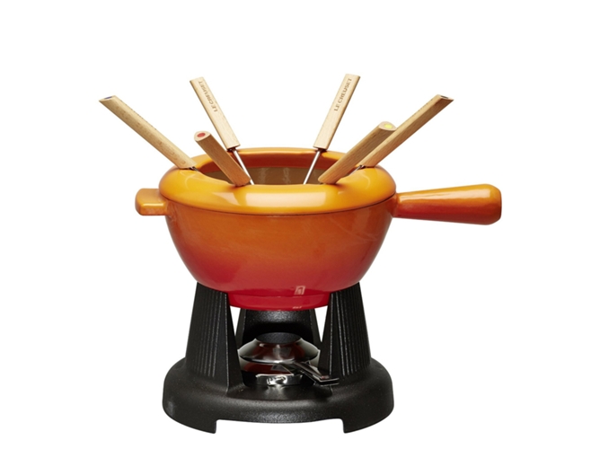 Le Creuset Set de fondue para queso hierro fundido con 2 asas tapa antisalpicaduras quemador y 6 tenedores volumen saviyarde naranja savoyard