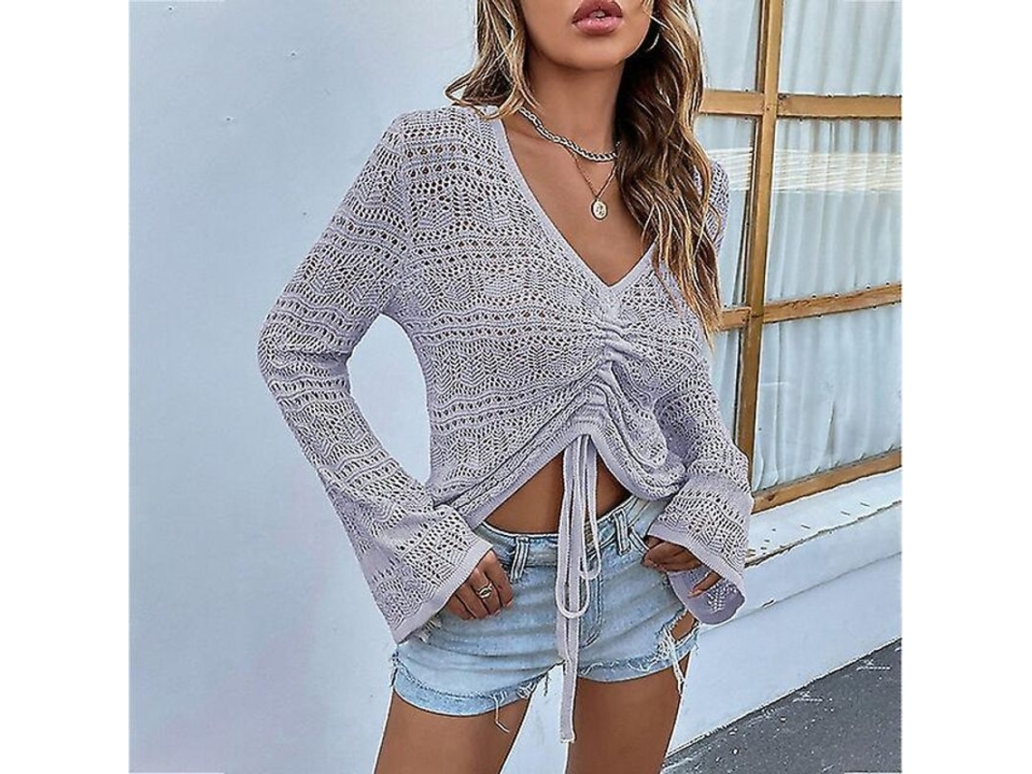 2026-jersey De Punto Para Mujer Con Cuello En V Manga Larga Cropped De Color Sólido Suave Casual Para Primavera Y Verano