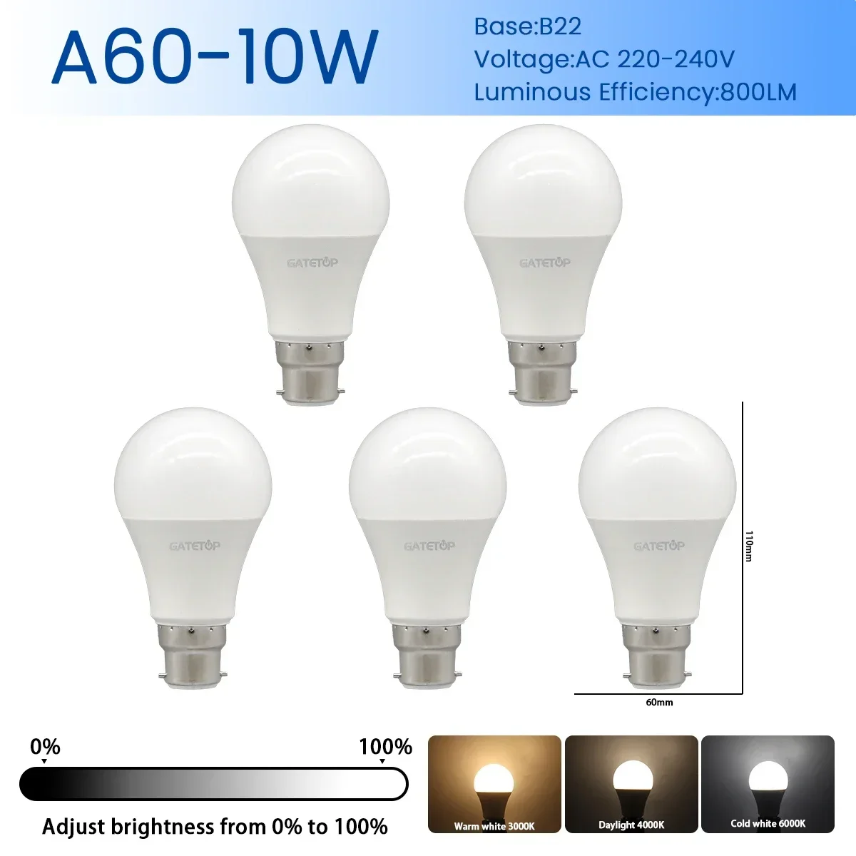 (a60 B22, Luz Natural 4000k) 5 Bombillas Led, Bombillas Para Focos De Interior, Iluminación Empotrada