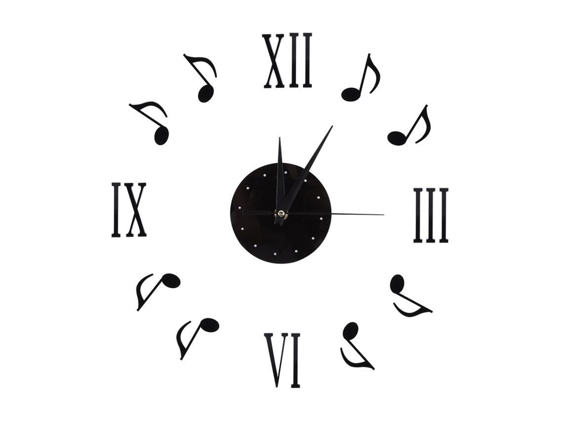 Reloj de pared con notas musicales, disco de vinilo y números romanos 3D para decoración de interiores.