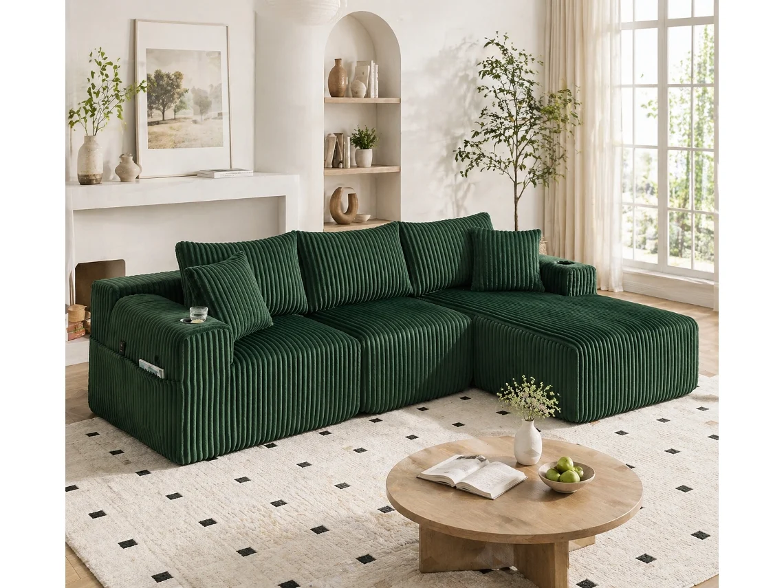 Conjunto Modular Com Chaise Longue E Sofá 2 Lugares, 5 Almofadas E Porta-copos Integrado