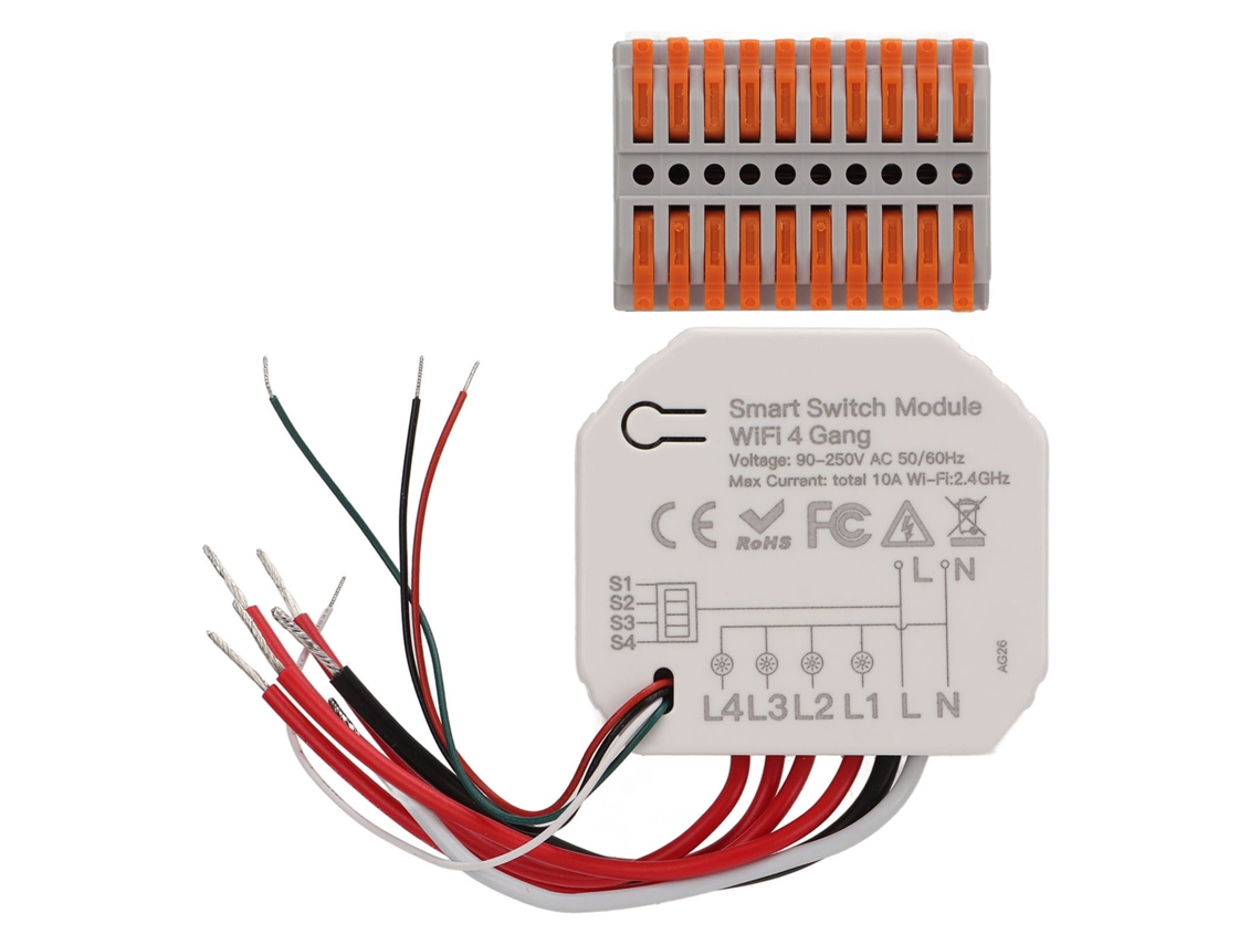 Módulo Interruptor Inteligente 4 Canales Wifi 2.4ghz Control Remoto Programable 90-250v Ac
