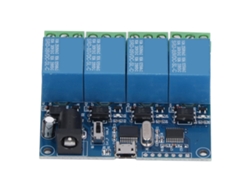 Módulo de relé de 4 canales con indicador LED, control USB, larga vida útil y protección de transición.