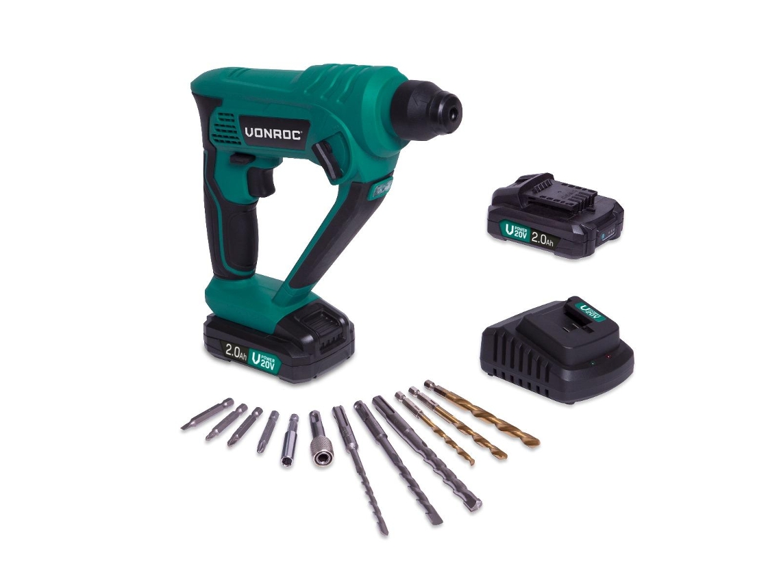 Martillo VONROC Martillo Rotativo Inalámbrico Vpower 20V Incluye 2 Baterías de 2.0Ah y Cargador 1.3 Joule SdsPlus Incluye Accesorios y Bolsa de Herramientas