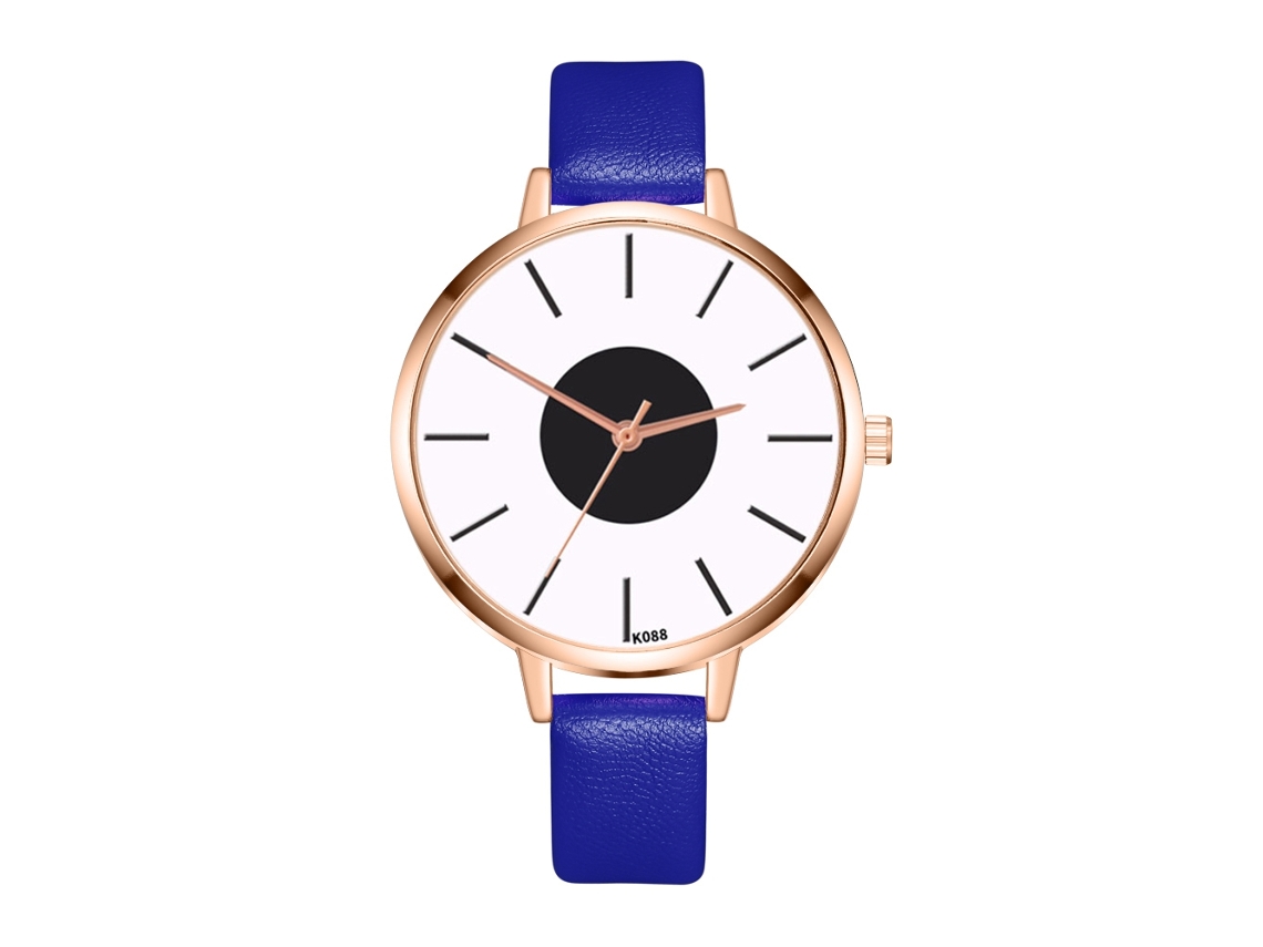 Reloj De Pulsera De Cuarzo Para Mujer Con Elegante Esfera Redonda Y Correa De Cuero Azul.
