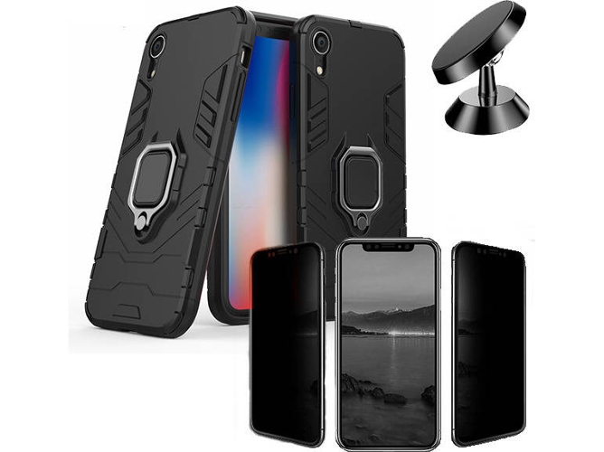 Kit Funda, Protector Privacy y Soporte Magnetico iPhone XR Military Defender Negro