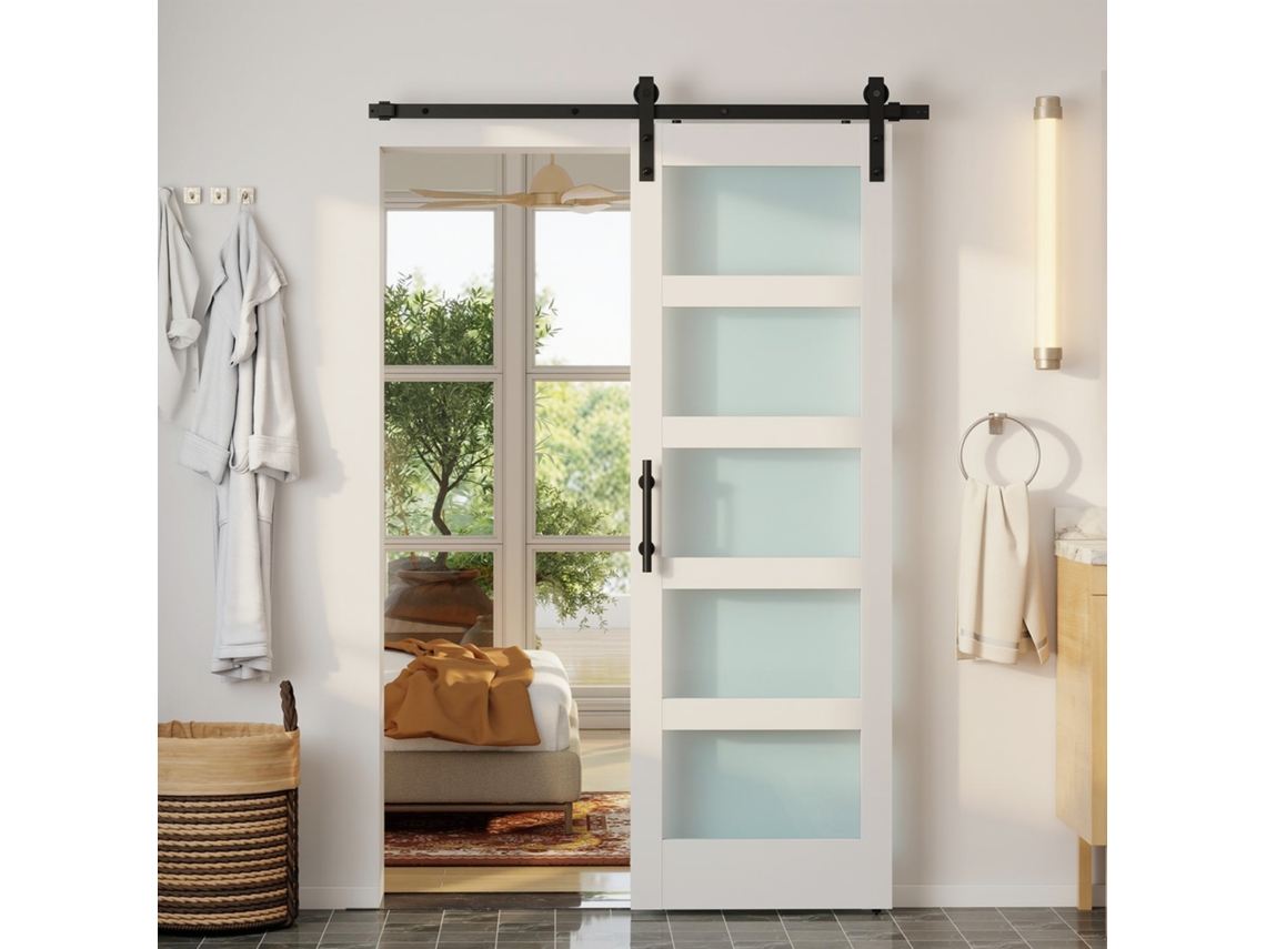 Kit de montaje para puerta corredera interior de 71x213 cm, MDF, cristal blanco esmerilado.