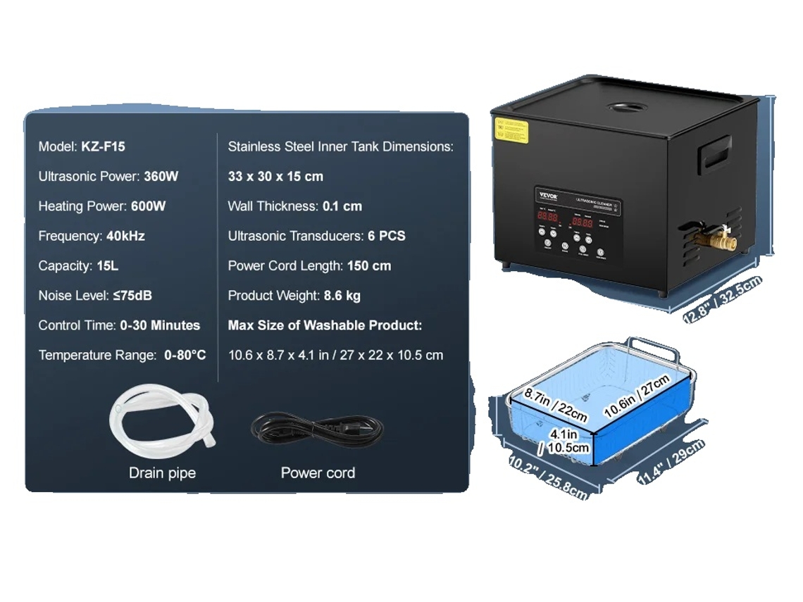 Limpiador ultrasónico, modo de desgasificación de doble potencia, capacidad de calentamiento, 15 L OEM