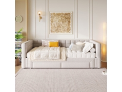 Daybett 90x200cm - Sofá Cama Con Respaldo Cuadrado, Cama Extensible (hasta 180 Tamaño Queen), 2 Cajones - Beige