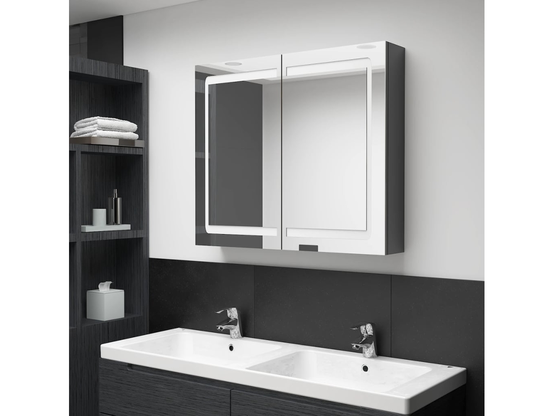 Armario de baño con espejo e iluminación LED, 80x12x68 cm, gris brillante.