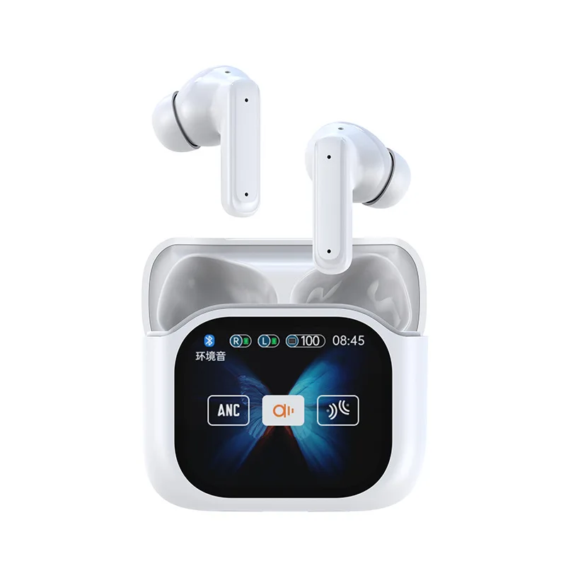 Auriculares para traducción (blancos), con cancelación activa de ruido (ANC) y bajo consumo de energía.