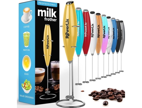 POWERLIX Espumador de Leche Eléctrico de Mano Batidora Leche Espuma Con Soporte de Acero Inoxidable 15-20S Potente 19000 Rpm Batidor para Café