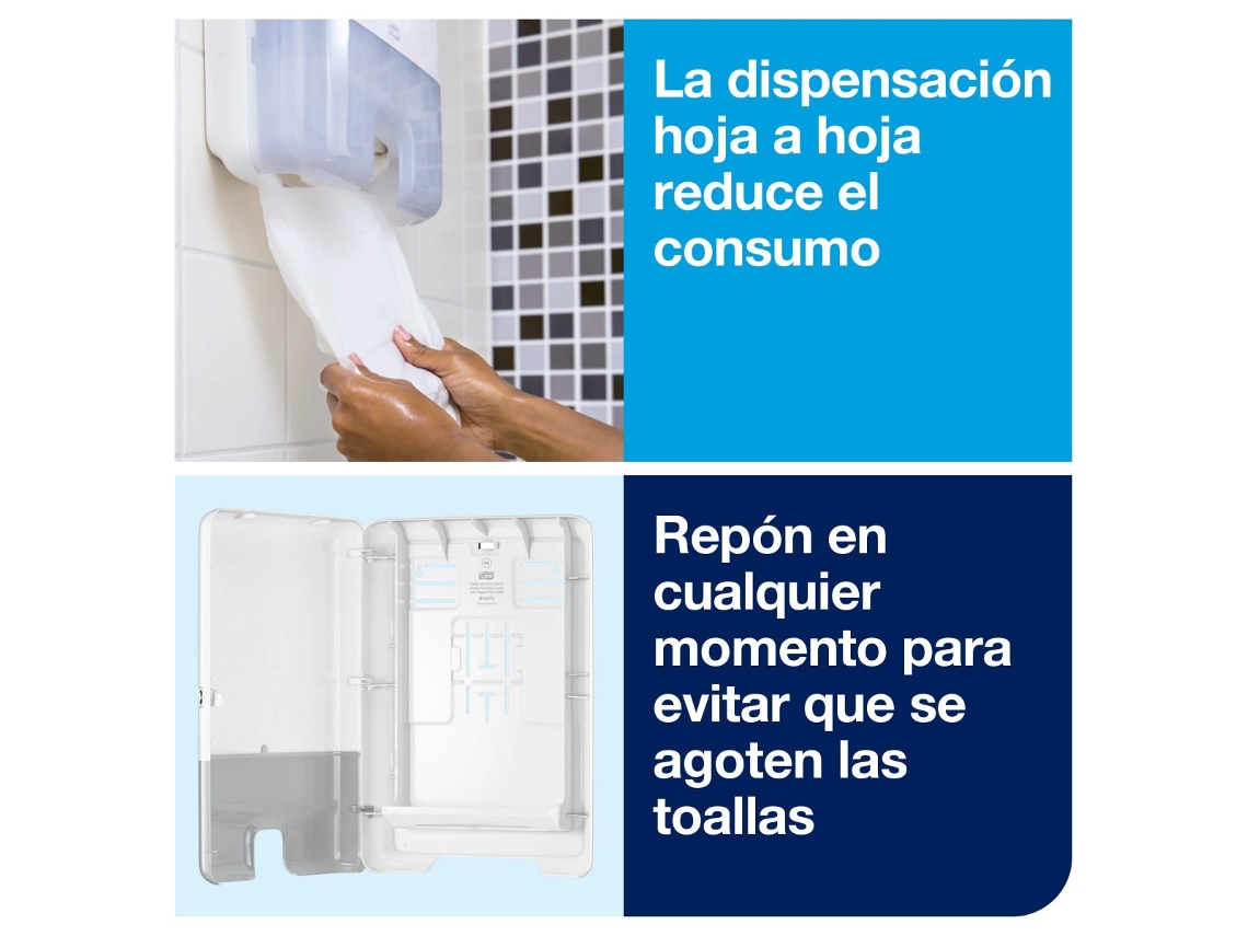 Dispensador de toallas interplegadas Tork Xpress White H2 - Dispensación hoja a hoja, línea de elevación, modelo 552000