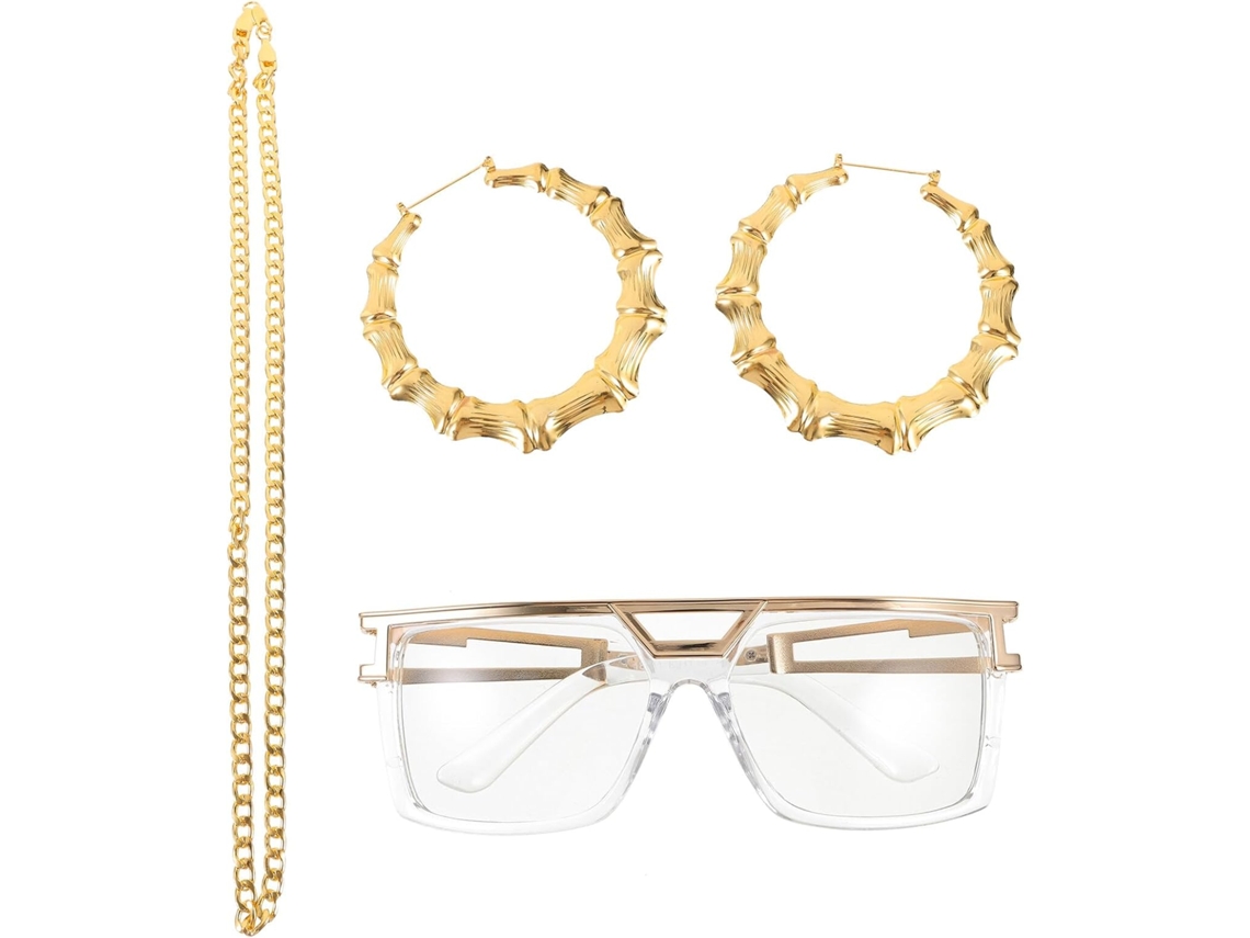 Kit de disfraz de hip hop para mujer: gafas, collar, pulsera, accesorios de joyería.