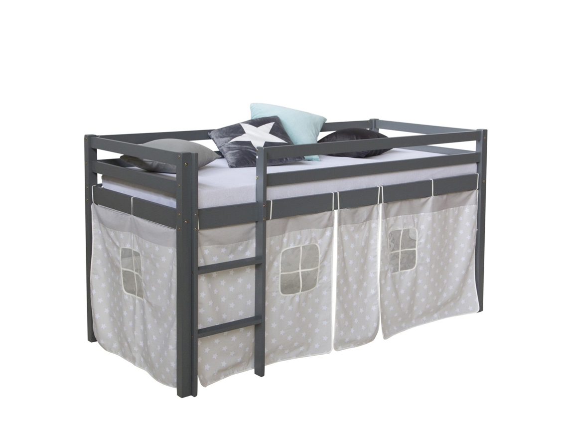 Cama Alta De 90x200cm Con Escalera De Madera Gris Y Tela Con Estampado De Estrellas Lit06177/2