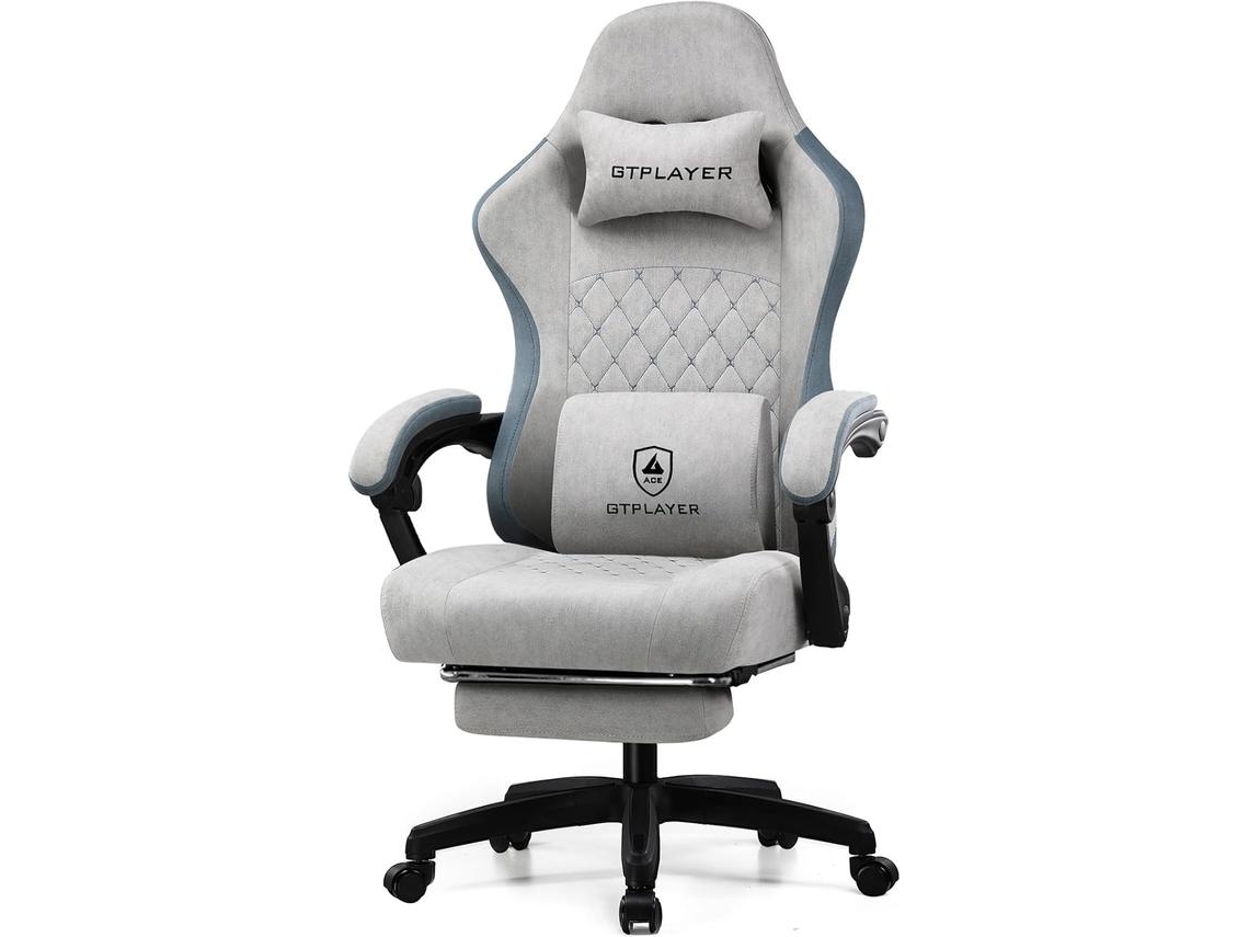 GTPLAYER Silla Gaming Ergonómica, Sillón Gaming con superficie de tela, cojín de asiento con muelles, reposabrazos conectados y reposapiés Gris