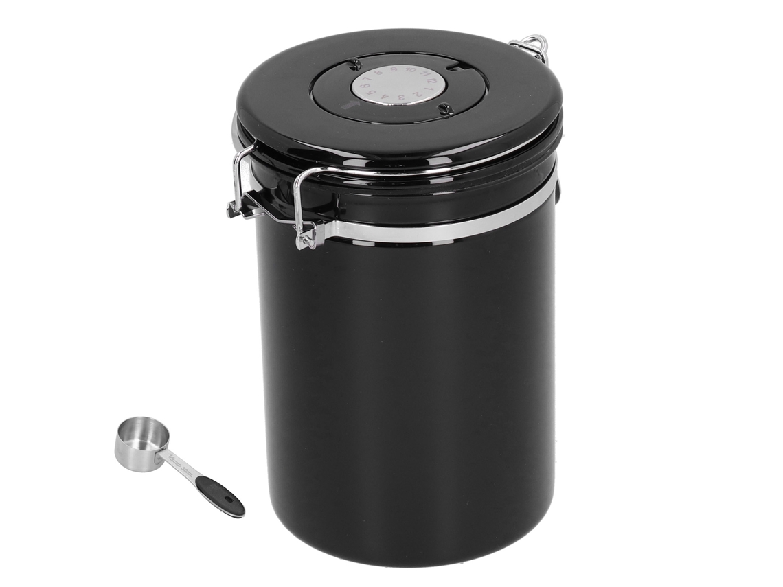 Caja De Almacenamiento De Café Airtight Con Válvula De Escape Acero Inoxidable Y Cuchara Negra