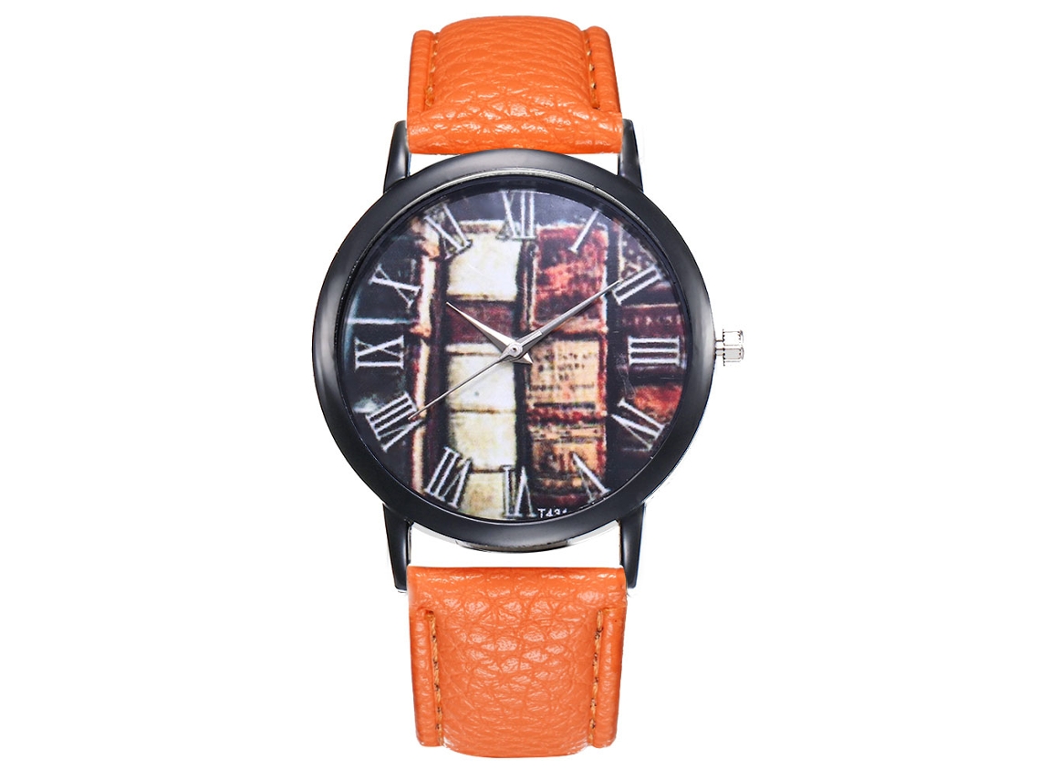 Reloj De Pulsera De Cuarzo Para Hombre Y Mujer Con Correa Pu Dial Redondo Moda T431 Naranja