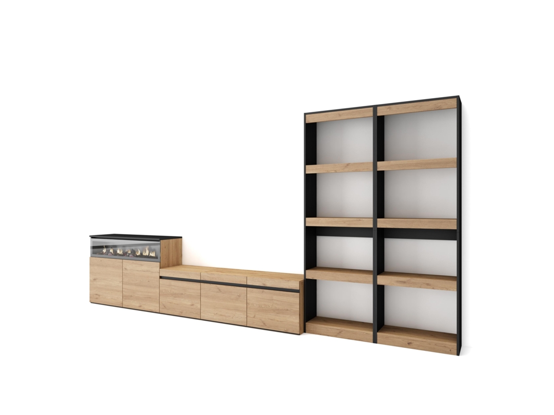 Muebles de Salón para TV 370x186x35cm Para TV hasta 65 Chimenea eléctrica Roble y negro
