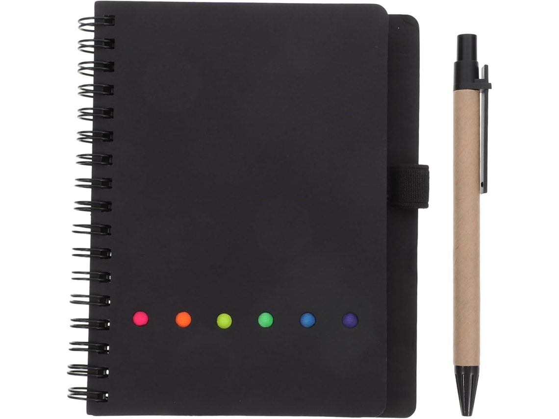 Cuaderno De Espiral Negro Con Páginas Rayadas, Portalápices Integrado, Notas Adhesivas, Marcapáginas