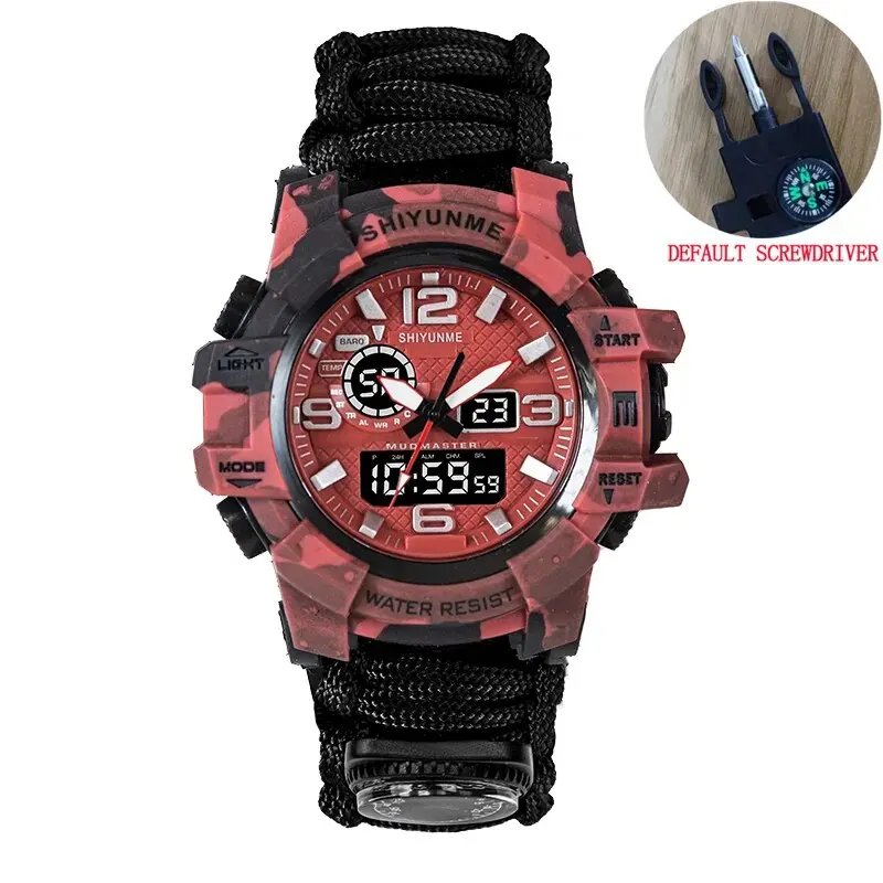 Reloj De Supervivencia Para Exteriores (rojo), Resistente Al Agua, Con Brazalete Táctico, Adecuado Para Emergencias En Campamentos Y Excursiones.