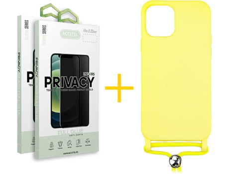 Kit Carcasa y Protector Cristal 2X Privacy Iphone 11 Accetel Gel Rope Amarillo