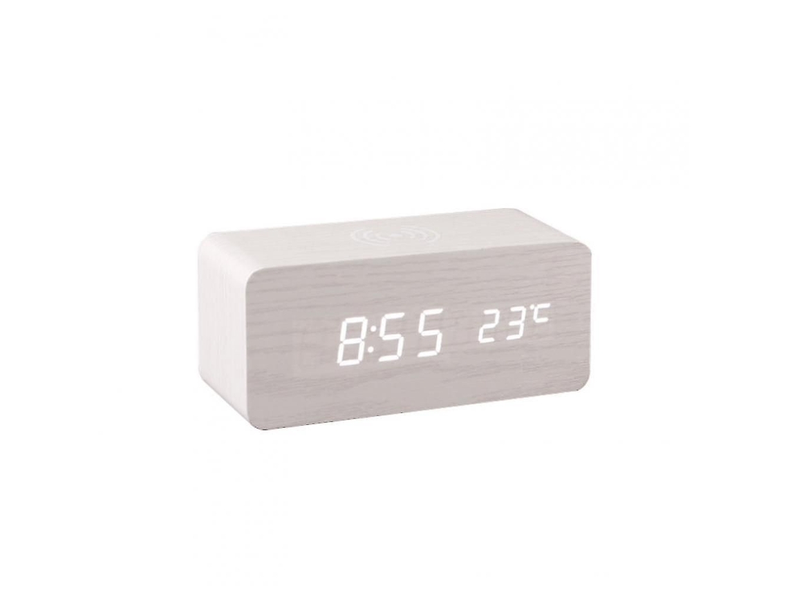 Reloj despertador digital de madera con carga inalámbrica, que incluye indicador de temperatura, fecha y humedad.
