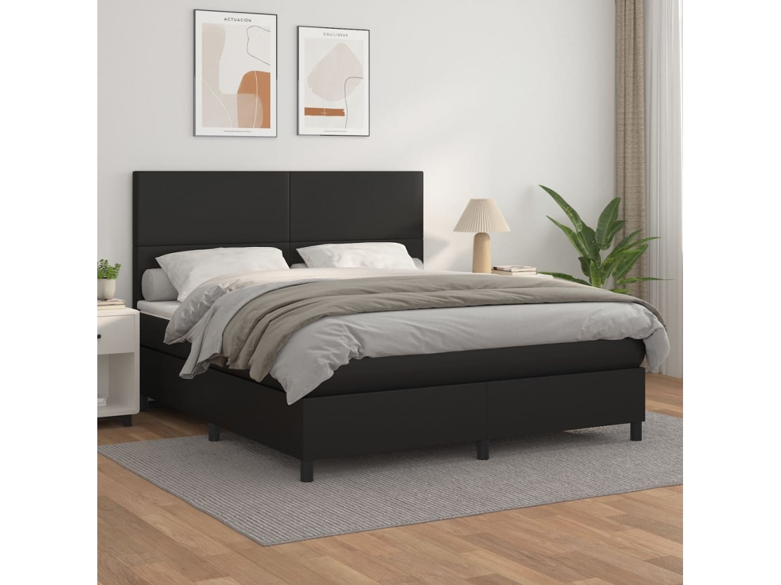 Cama Box Spring Con Colchón Cuero Sintético Negro 180x200 Cm