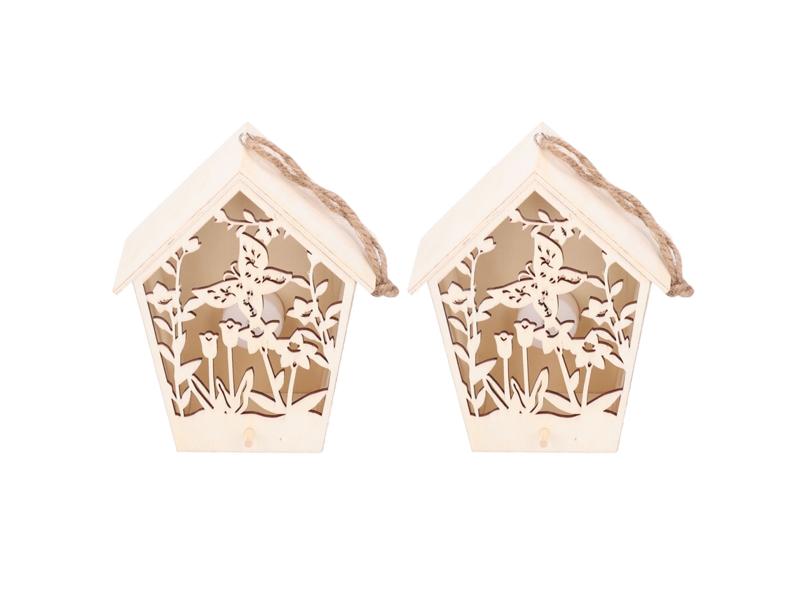 2 Casitas De Pájaros De Madera Con Luz Cálida, Decoración De Jardín Para Interiores Y Exteriores, Nido Para Pájaros