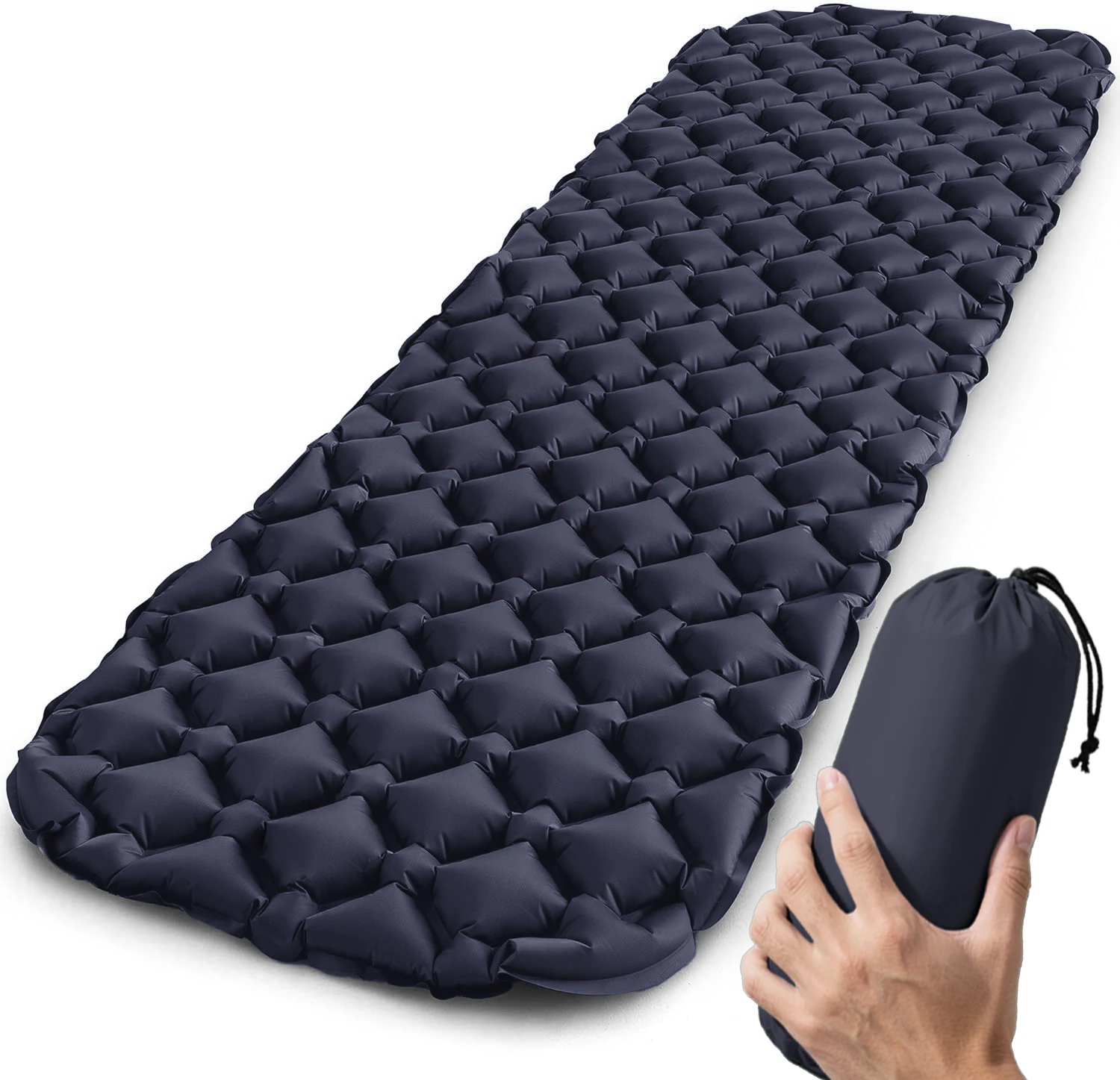 Colchón hinchable para acampar (azul oscuro), ultraligero, sin reposacabezas, ideal para viajes y senderismo.