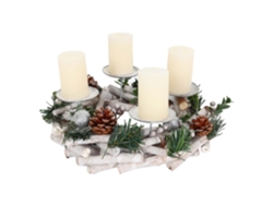 Corona de Adviento, Corona de mesa, Decoración navideña, Madera, Plata, Blanco, Diámetro 30 cm, Con velas 04_0006548