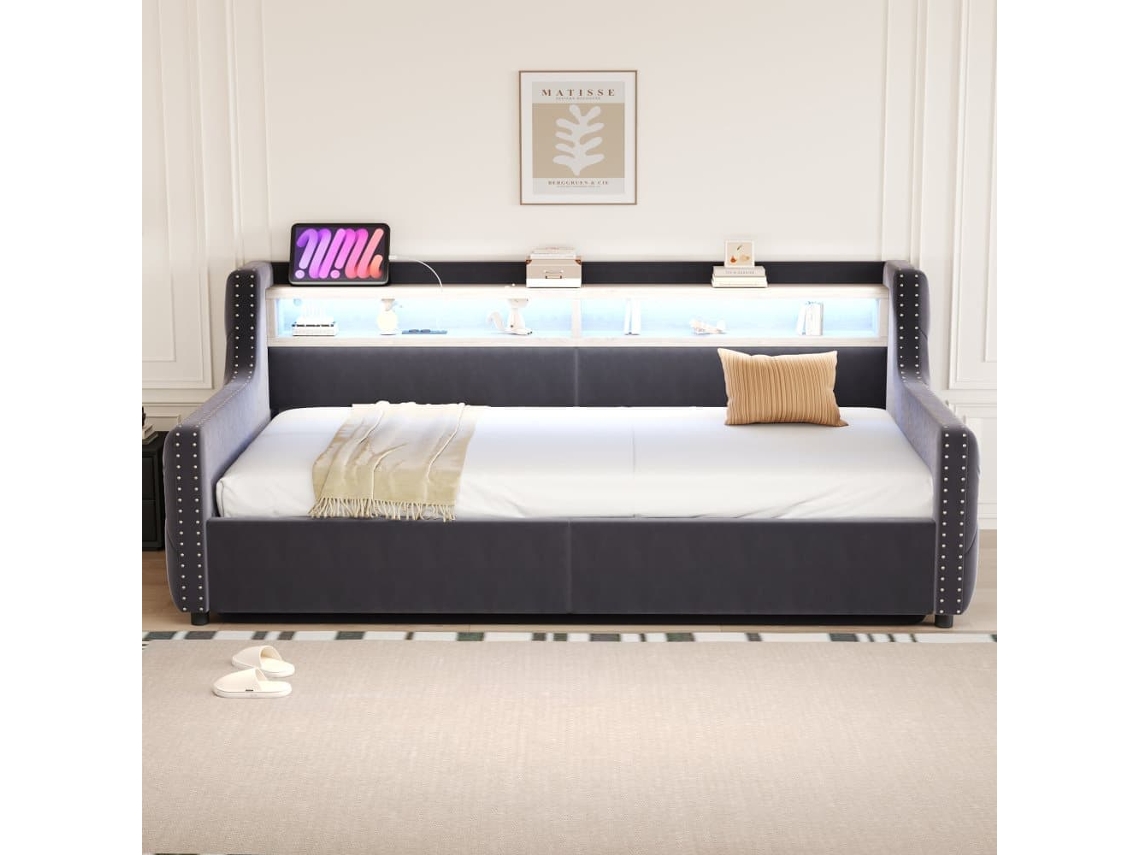 Sofá Cama 90x200 Cm - Con Almacenamiento Hidráulico, Respaldo Y Reposabrazos Gruesos, Con Led Y Enchufe - Gris Oscuro