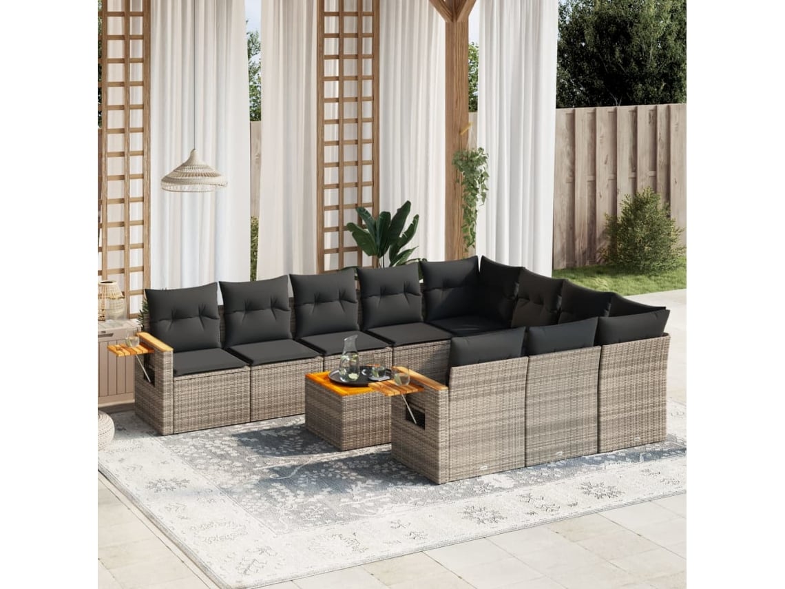 Conjunto de sofá de jardín de 11 piezas con cojines, ratán gris, DKD Home Decor