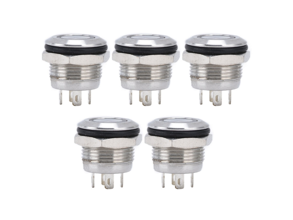 Interruptor pulsador de acero inoxidable de 5 piezas con LED de reinicio automático, 12 mm, CC 3-6 V, accesorios de alimentación azul