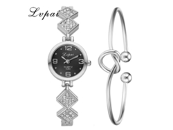 Reloj De Pulsera De Cuarzo Informal Para Mujer Con Brazalete De Diamantes De Imitación, Plateado Y Negro, Elegante.