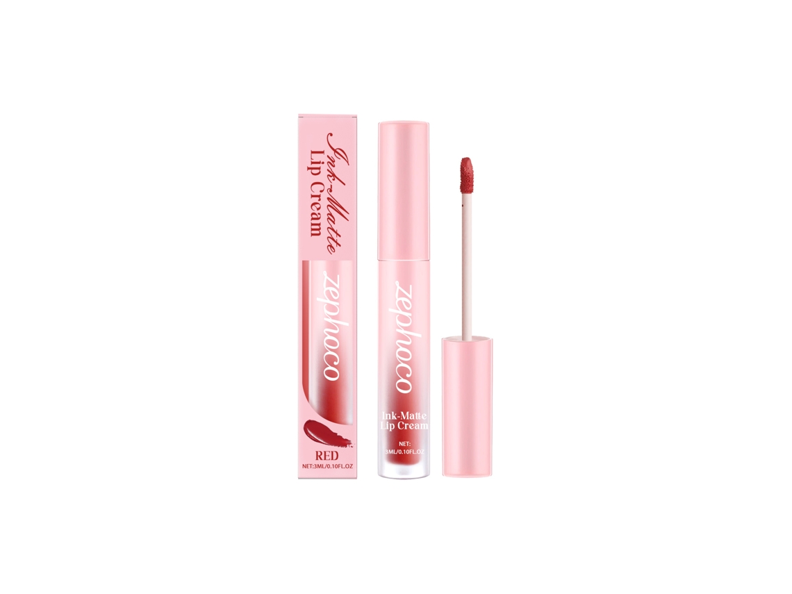 Bálsamo labial mate rojo intenso, sin brillo.