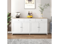 Aparador de madera con veta blanca, 4 puertas y 3 cajones, elegante y funcional, ideal para salón o comedor.